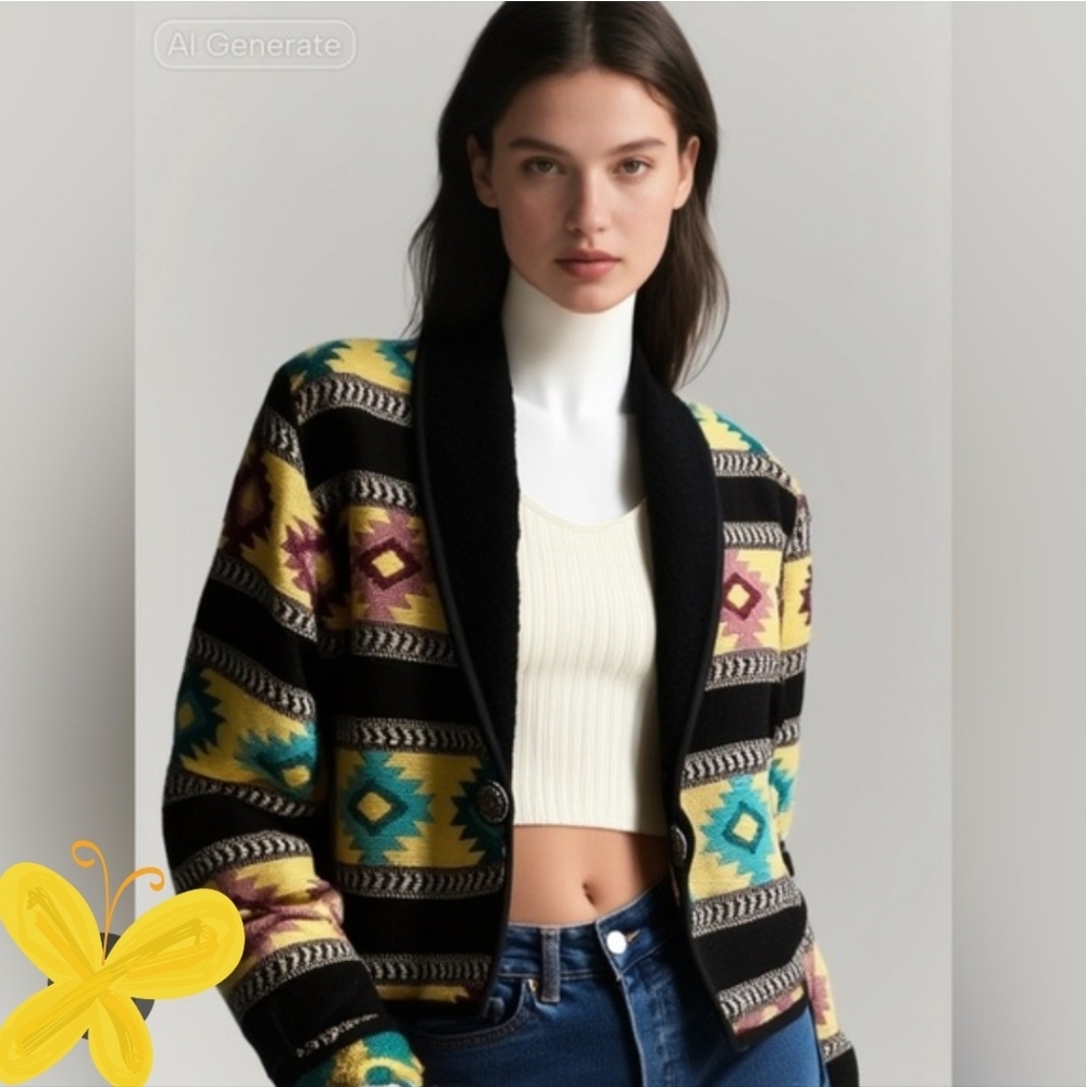 Vintage Yellow Folk Totem Tapestry Jacket. Woven Western Aztec Patter Size Large